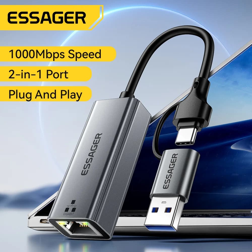 อะแดปเตอร์ Ethernet Gigabit RJ45 แบบ 2-in-1 (USB-A/Type-C)