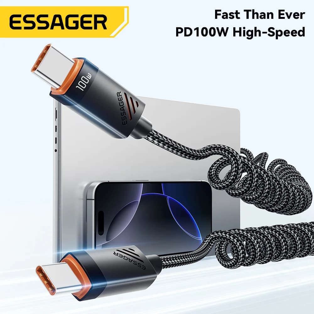 สายชาร์จ USB-C to USB-C แบบเร็ว 100W ชนิดขดสปริง