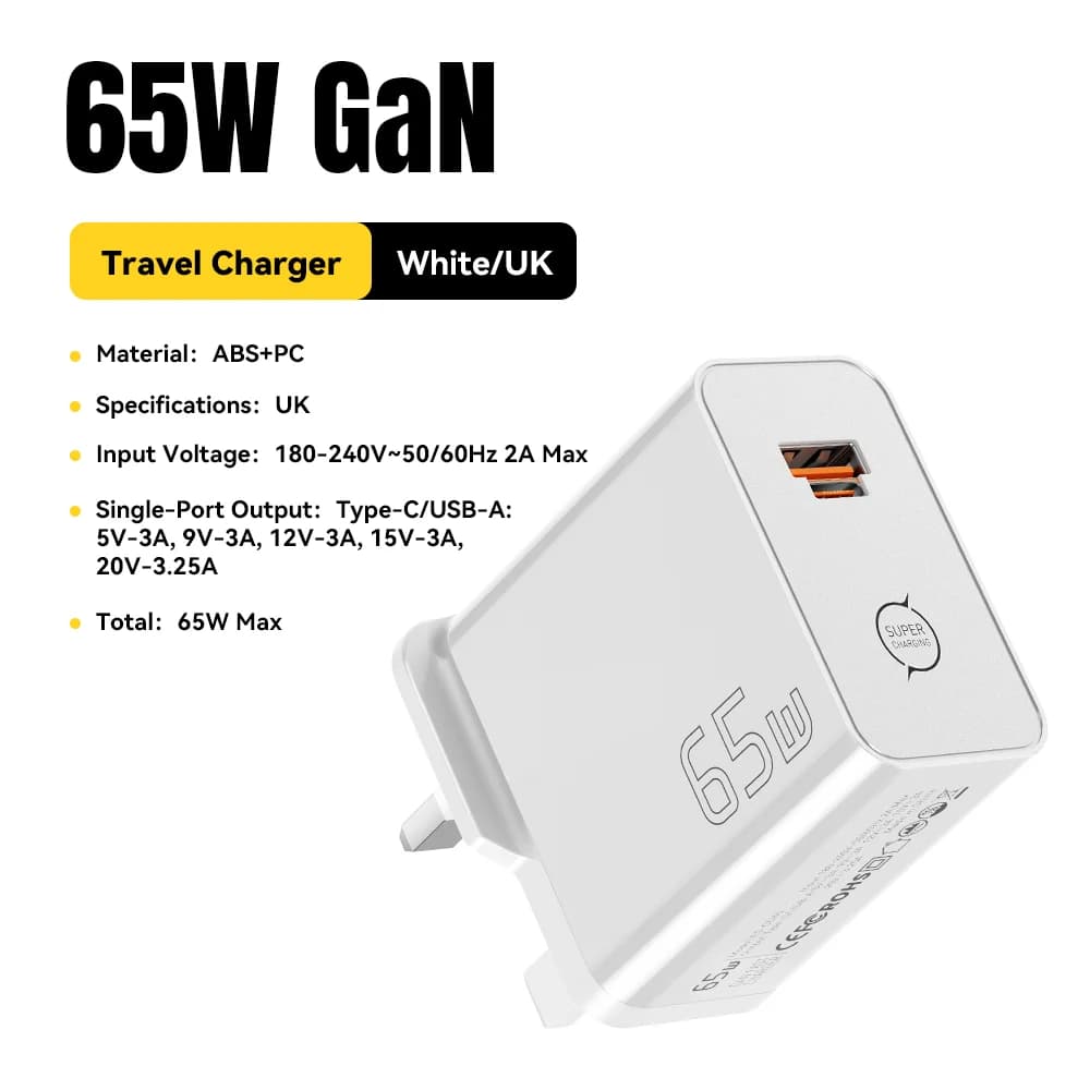 ที่ชาร์จเร็ว GaN 65W แบบ 2-in-1 พอร์ต USB Type-C