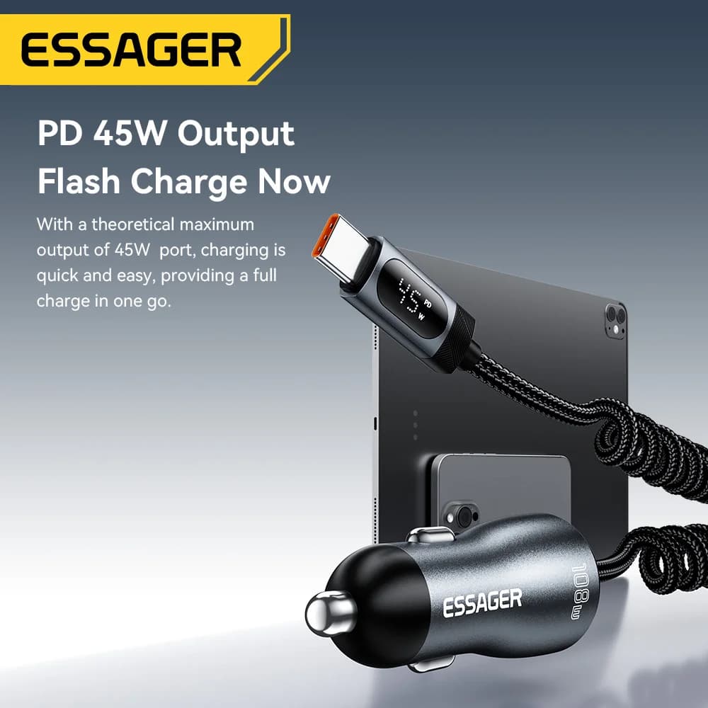ที่ชาร์จในรถ 108W พร้อม USB-C, USB-A และสายสปริง