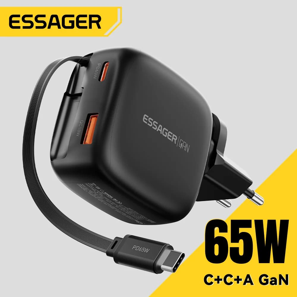หัวชาร์จ GaN 65W พร้อมสาย USB-C แบบม้วนเก็บได้ 3-in-1