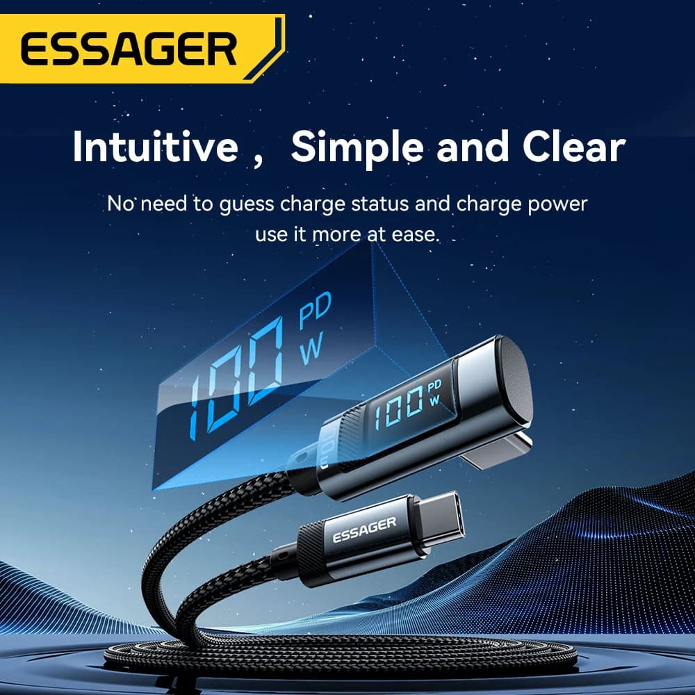 สาย USB Type-C to USB-C 100W พร้อมจอ LED แบบงอ 90°