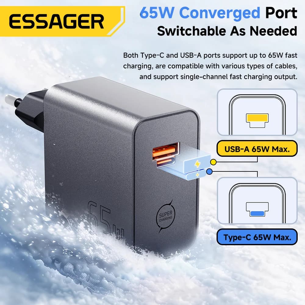 ที่ชาร์จเร็ว GaN 65W แบบ 2-in-1 พอร์ต USB Type-C