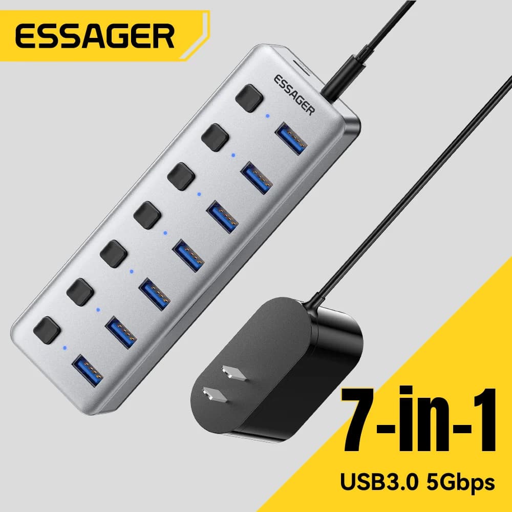 USB Hub 3.0 แบบ 7 พอร์ต พร้อมอะแดปเตอร์ไฟ 24W