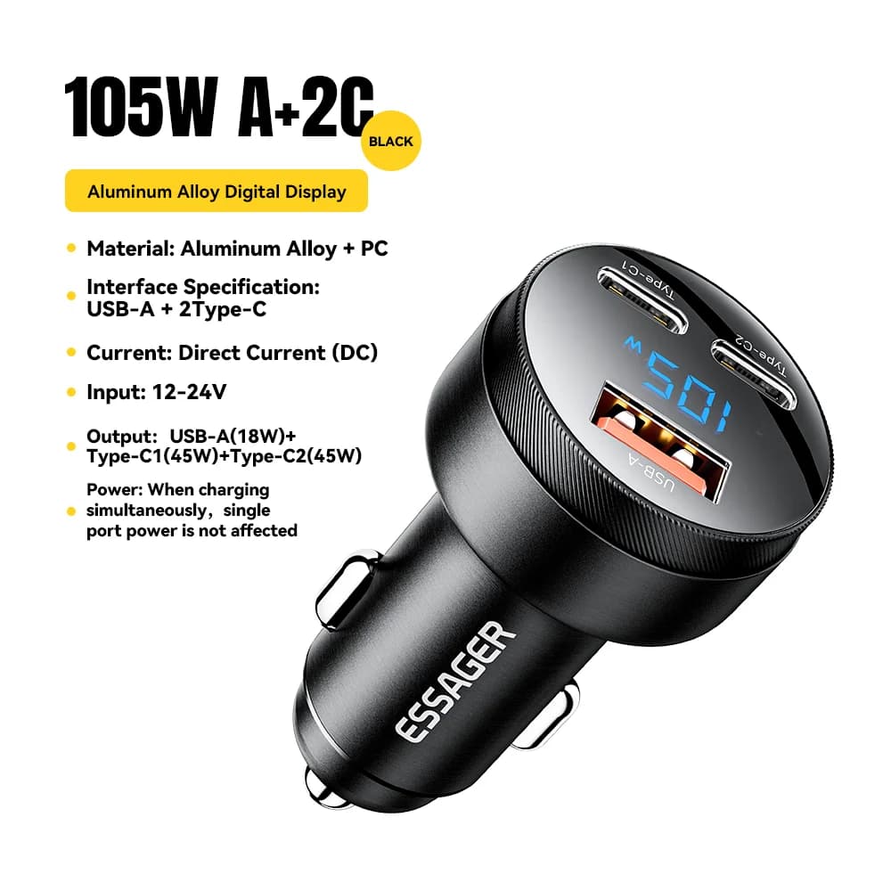 ที่ชาร์จรถยนต์ USB 105W QC4.0 PD ชาร์จเร็ว