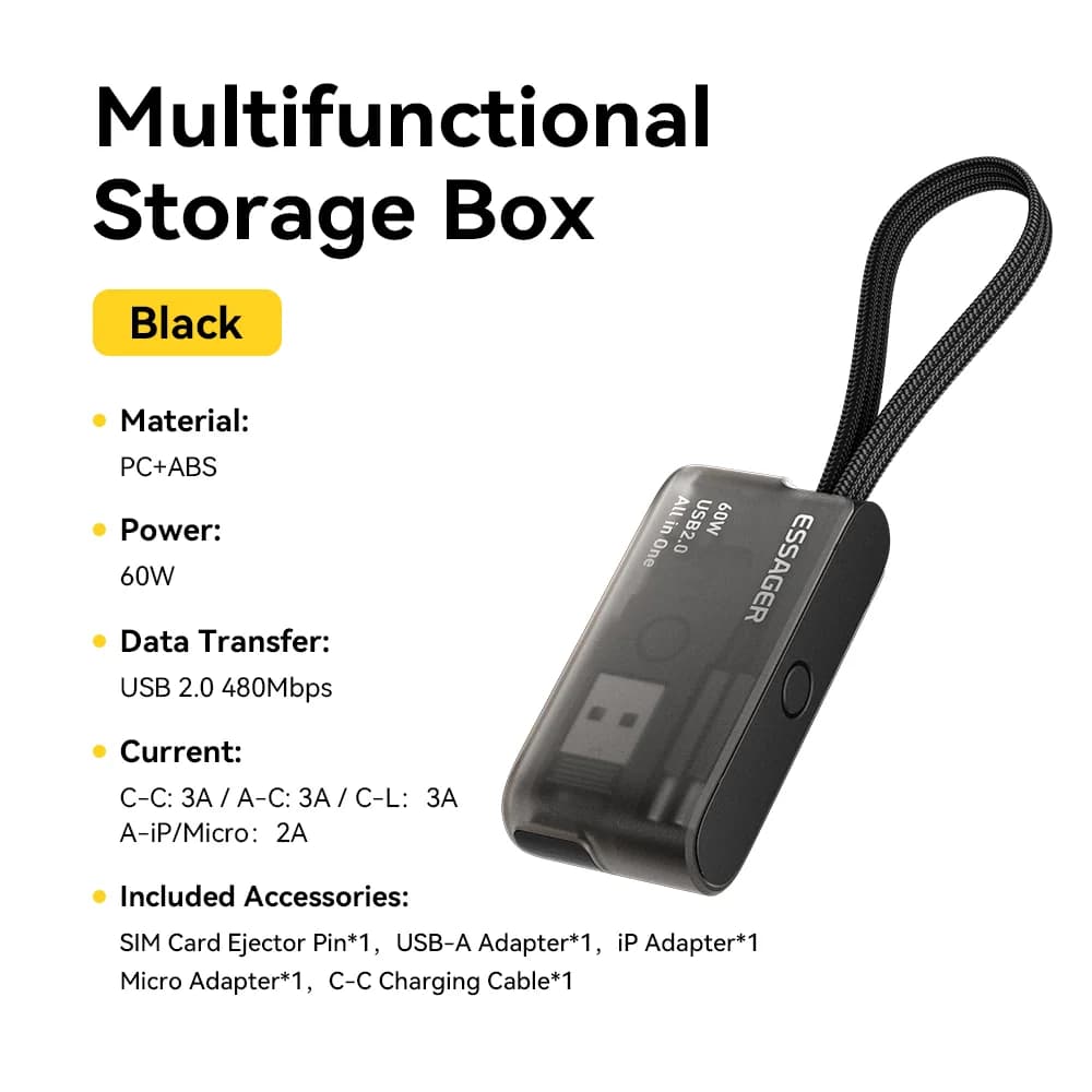 ชุดสายดาต้า USB-C 60W พร้อมกล่องเก็บของสำหรับเดินทาง