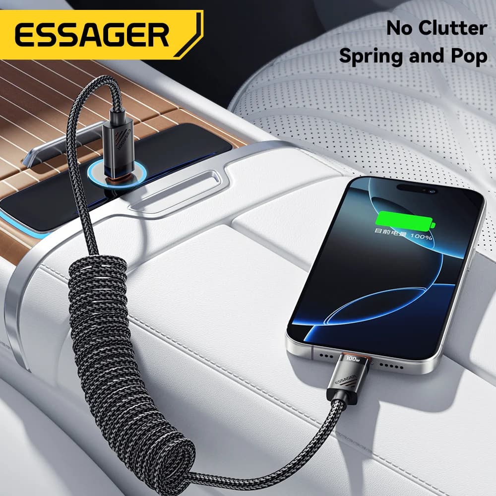 สายชาร์จ USB-C to USB-C แบบเร็ว 100W ชนิดขดสปริง
