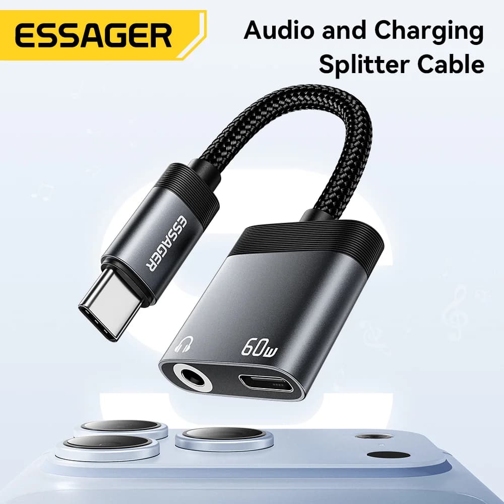ตัวแยกสัญญาณเสียง USB-C และชาร์จเร็ว PD 60W แบบ 2-in-1