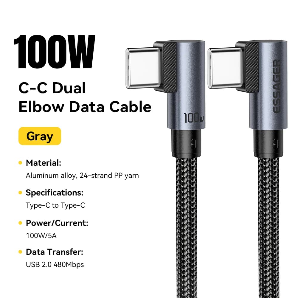 สายชาร์จเร็ว USB-C to USB-C 100W หัวงอ Elbow
