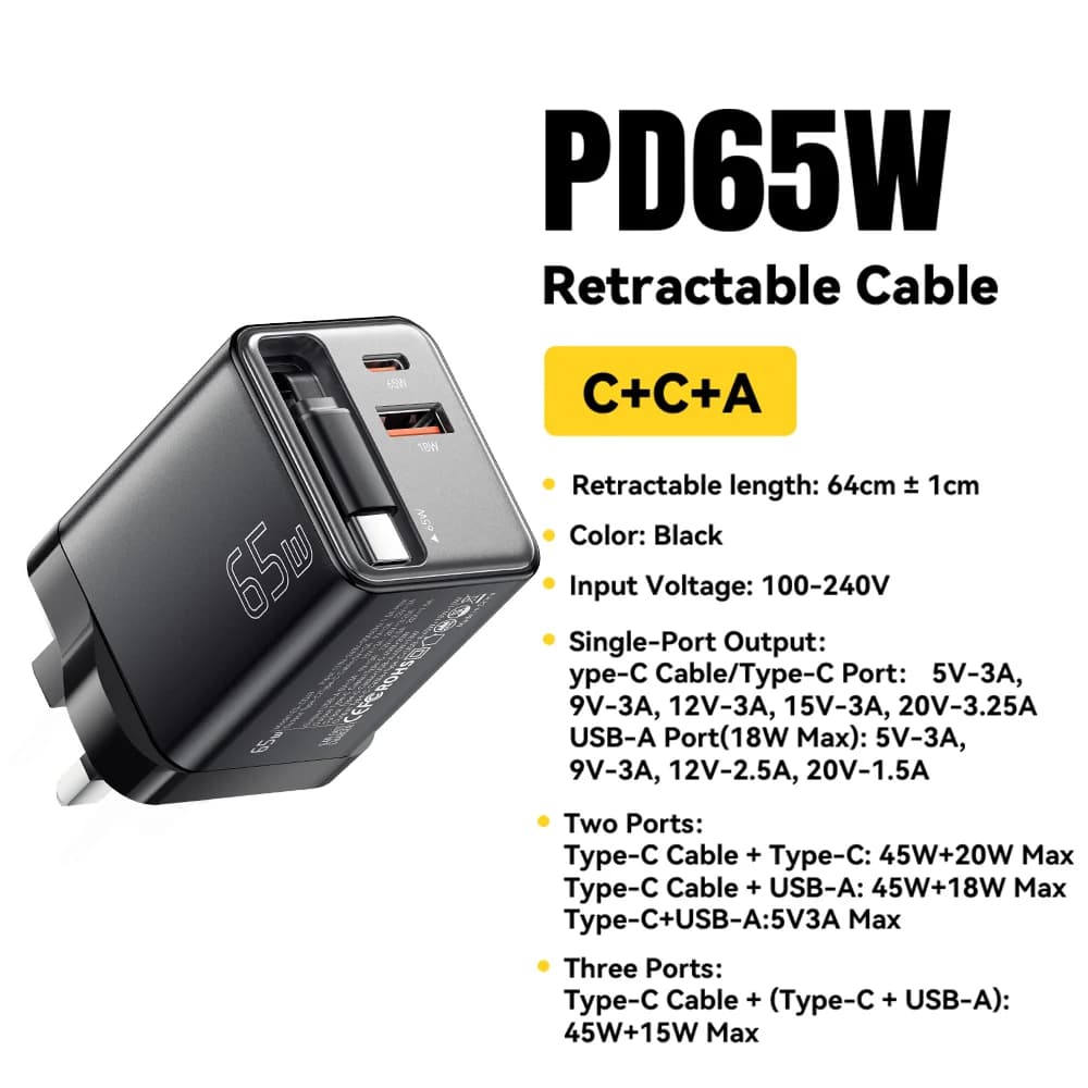 ชาร์จเจอร์ GaN 65W พร้อมสายม้วนเก็บได้