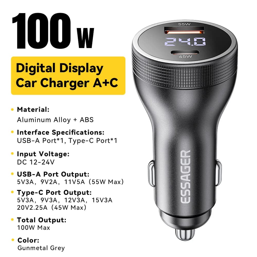 ที่ชาร์จรถยนต์ USB-C 100W พร้อมหน้าจอแสดงผลดิจิทัล