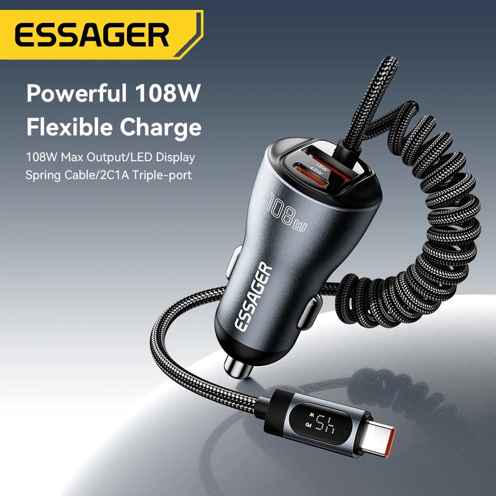 ที่ชาร์จในรถ 108W พร้อม USB-C, USB-A และสายสปริง
