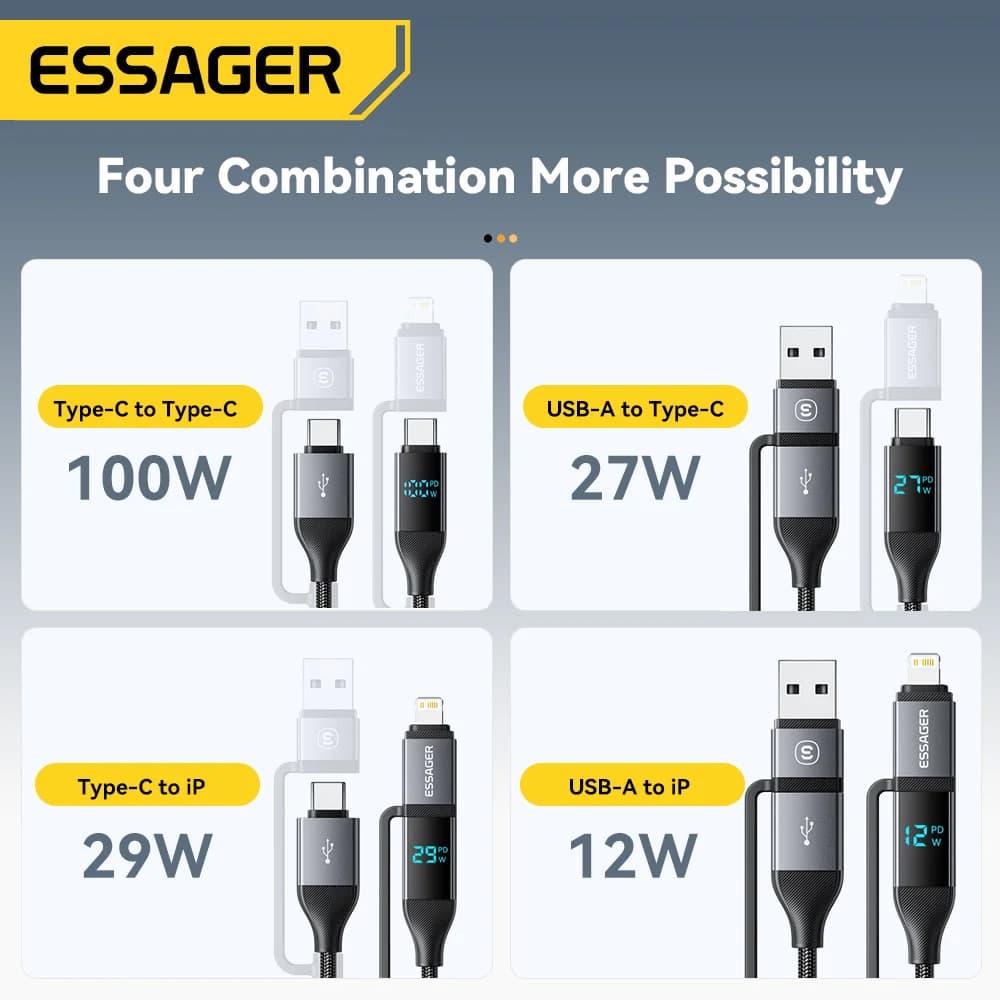 สาย USB-C ดิจิทัล 4-in-1, กำลังไฟ PD 100W