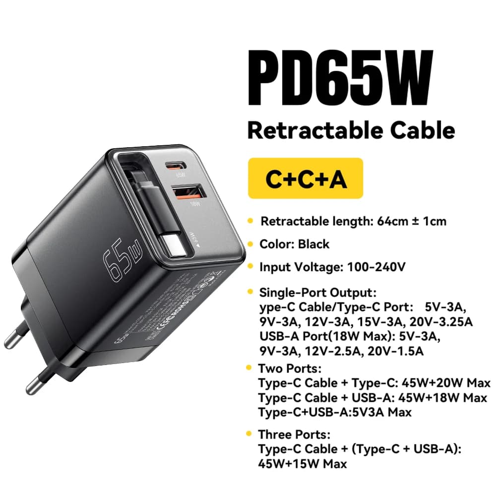 ชาร์จเจอร์ GaN 65W พร้อมสายม้วนเก็บได้