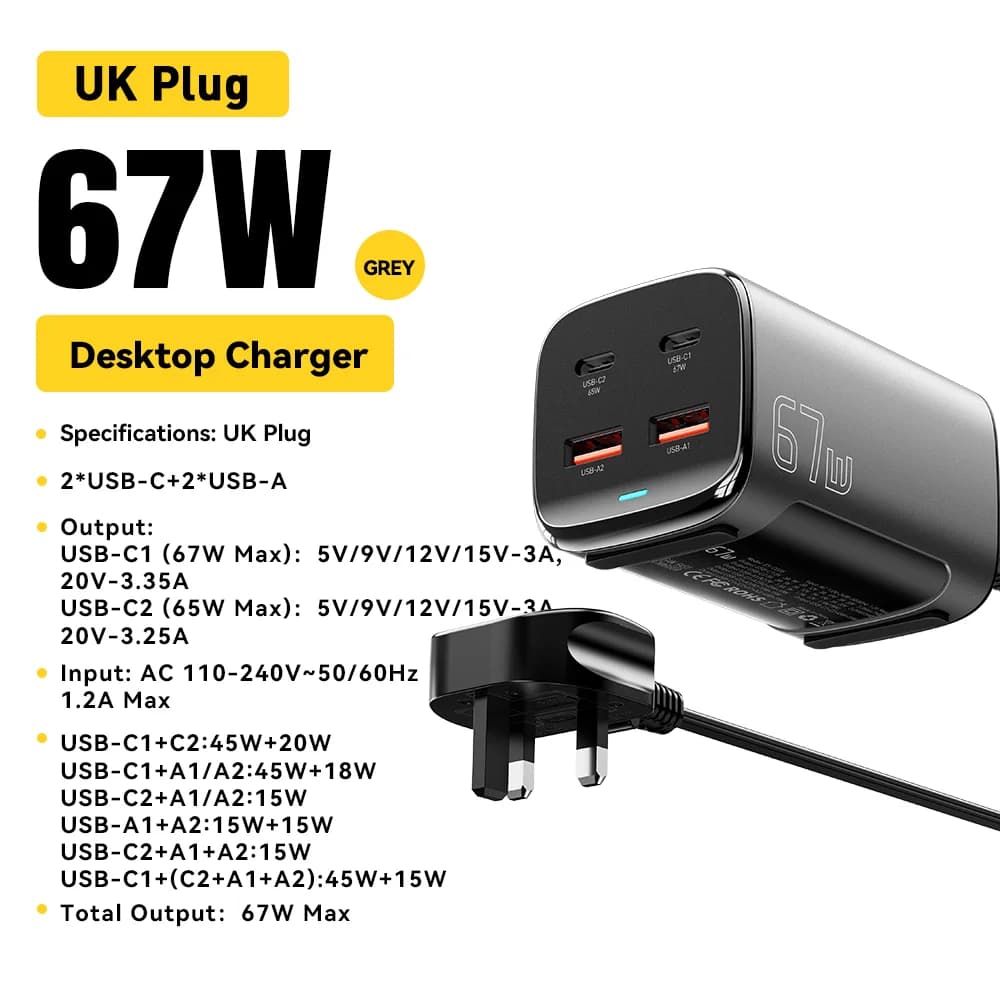 หัวชาร์จ GaN USB-C แบบตั้งโต๊ะ 67W